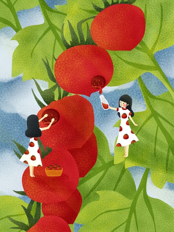 藤上水果小番茄治愈丰收治愈系手绘场景插画