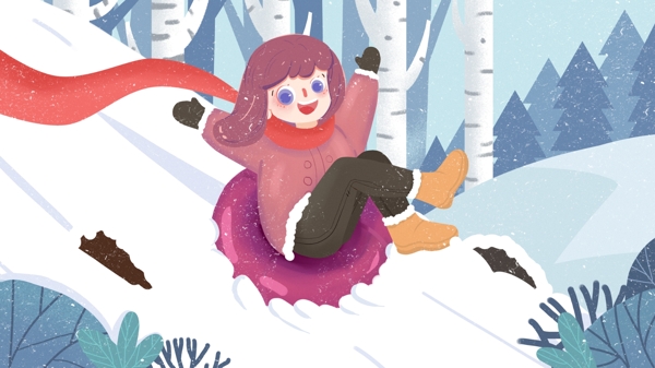 冬天可爱少女森林滑雪