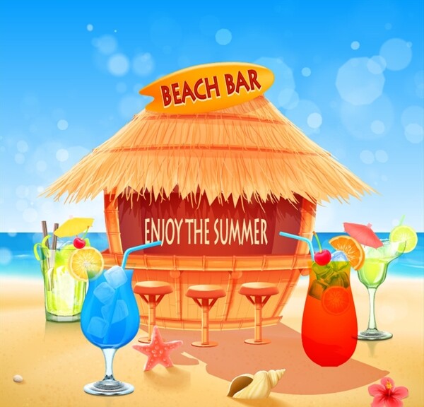 彩色卡通海滩酒吧海报矢量素材