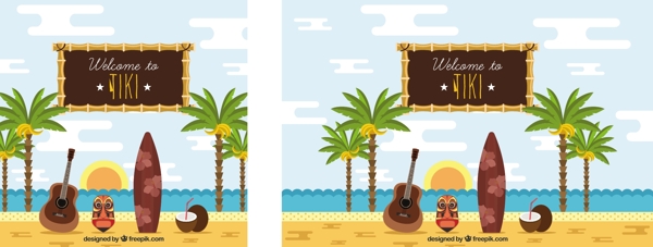 海滩背景的棕榈树和蒂基面具