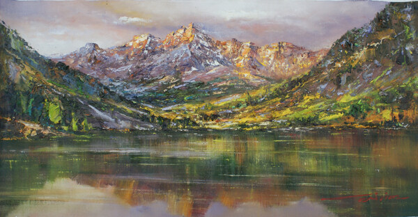 雪山湖泊油画图片
