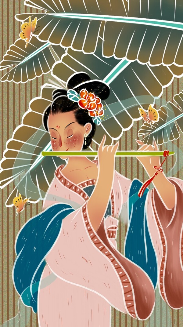 国潮古代女子吹笛子中国风国画