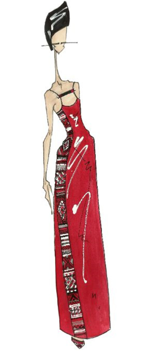 红色民族风吊带裙设计图