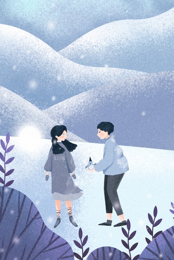 彩绘冬季雪地情侣背景素材