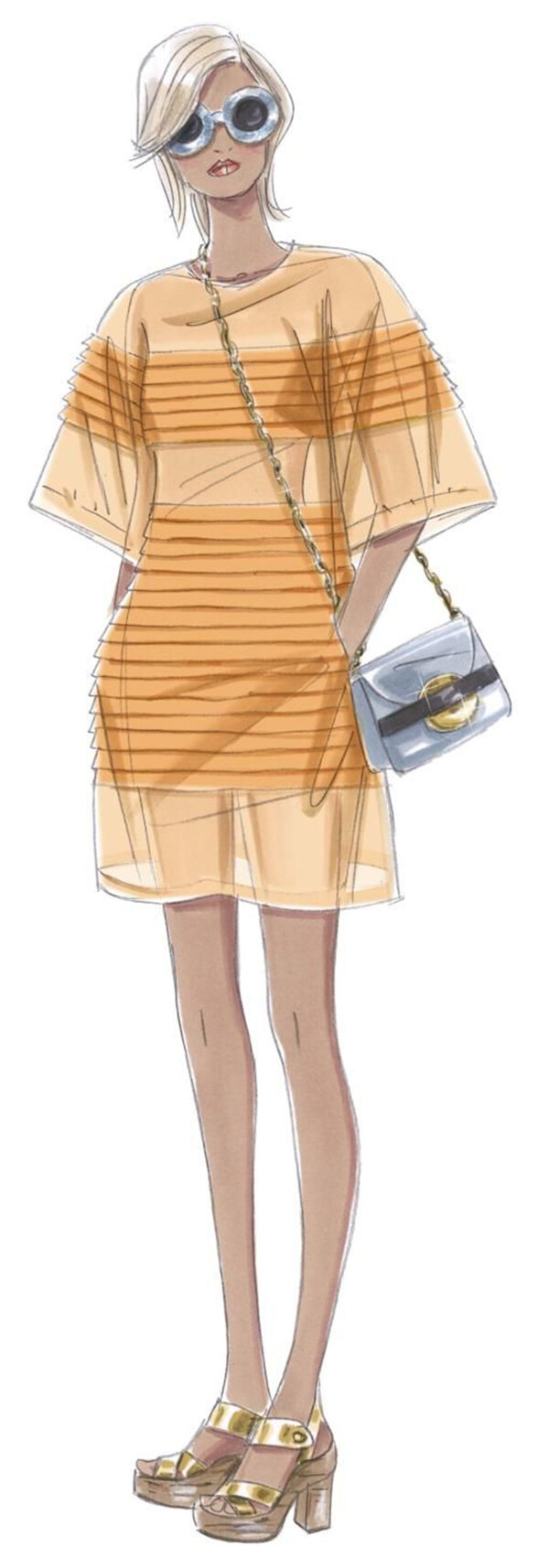 时尚潮流橙黄色条纹连衣裙女装效果图