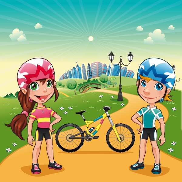 卡通自行车男女运动员