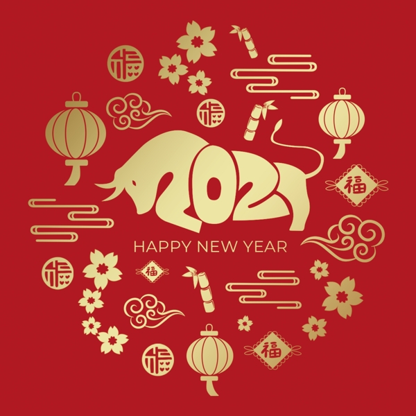 2021中国新年红色牛烫金海报图片