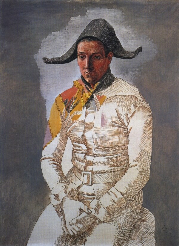 1923ArlequinassisLepeintreJacintoSalvado西班牙画家巴勃罗毕加索抽象油画人物人体油画装饰画
