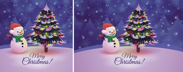 唯美五彩圣诞树雪人插画图