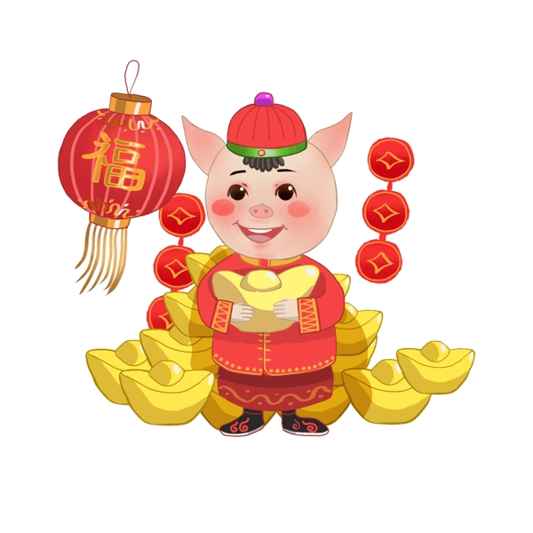 新年小猪和元宝插画