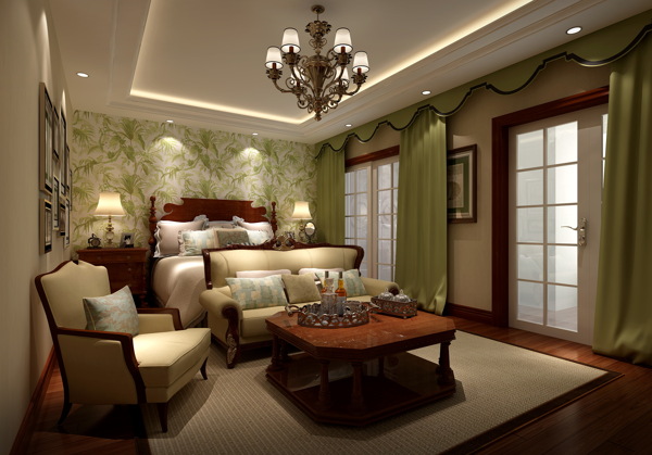 欧式贵气卧室绿色窗帘室内装修效果图