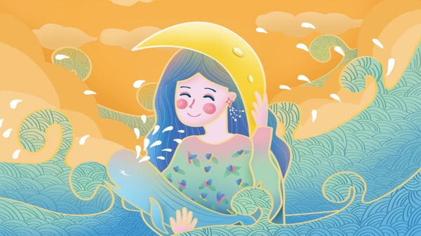 原创手绘插画流光溢彩海洋中的女孩与鲸