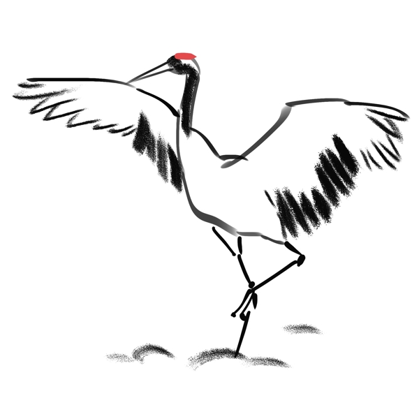 手绘水墨黑白展翅的仙鹤