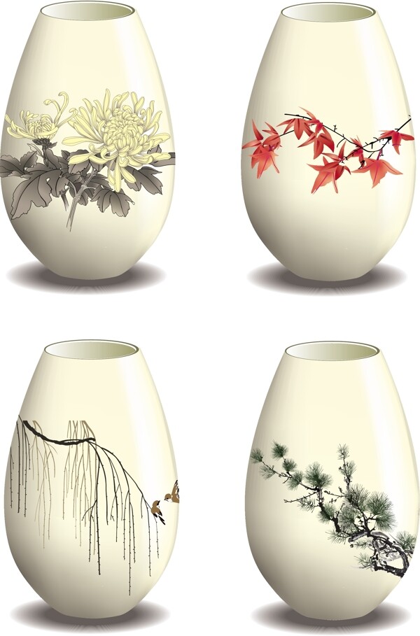 四个中国风花纹花瓶矢量素材