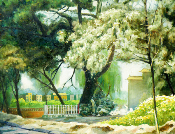 花园树木风景油画图片