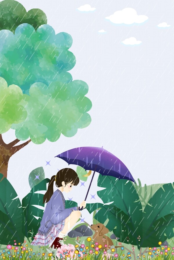 下雨天给小狗打伞的小女孩