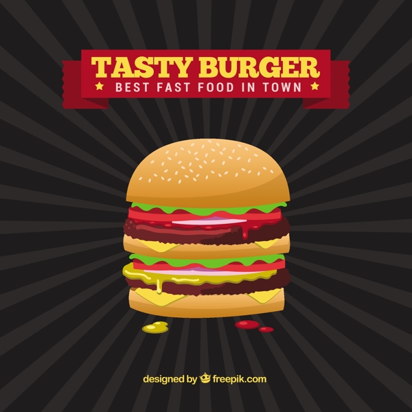 黑色背景与美味的汉堡平面设计背景