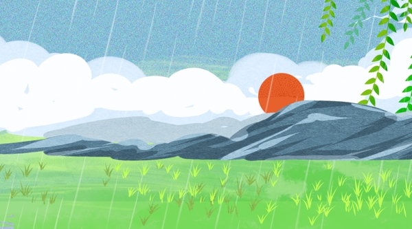 雨季清新山水风景插画背景