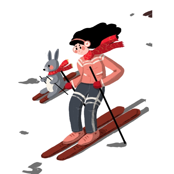 卡通手绘滑雪的女人和小兔子