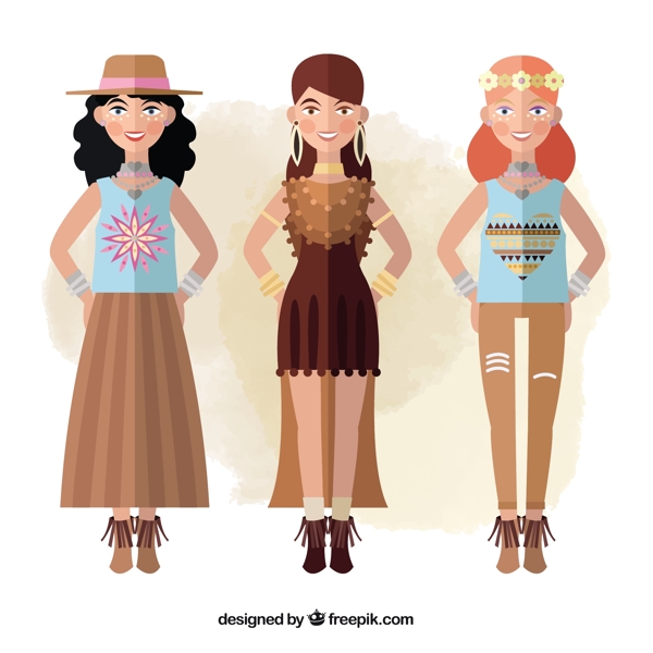 三模型与波希米亚风格的衣服