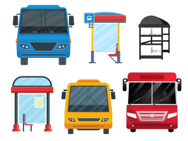 创意彩色的公交和站台素材