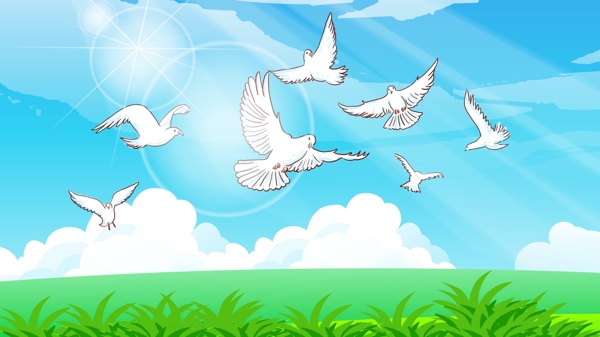 蓝色天空下草地上飞翔的白鸽背景
