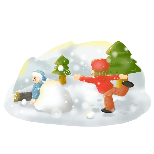 雪仗雪景冬天卡通手绘可爱可商用元素儿童