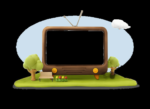 卡通电视绿树草坪png元素