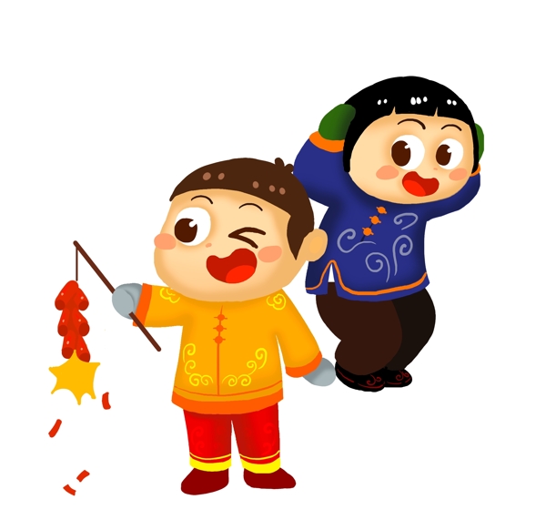卡通手绘春节玩炮竹的可爱小朋友普创意海报
