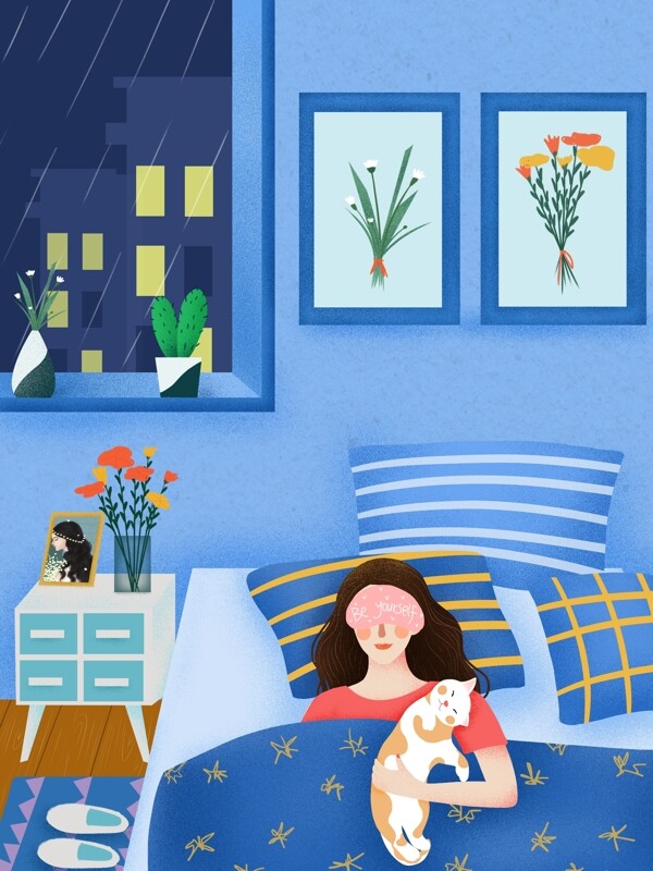 蓝色小清新雨夜睡觉的女孩和猫背景设计