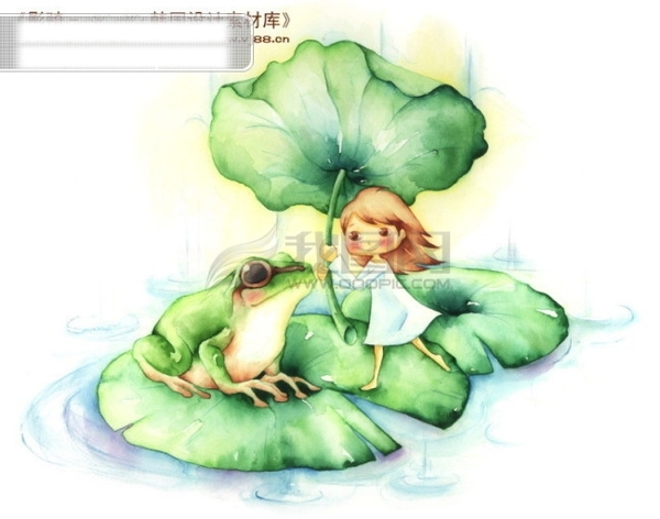 HanMaker韩国设计素材库背景卡通漫画淡彩儿童女孩荷叶青蛙池塘