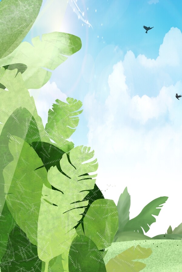 夏日清新植物绿叶蓝天广告背景海报