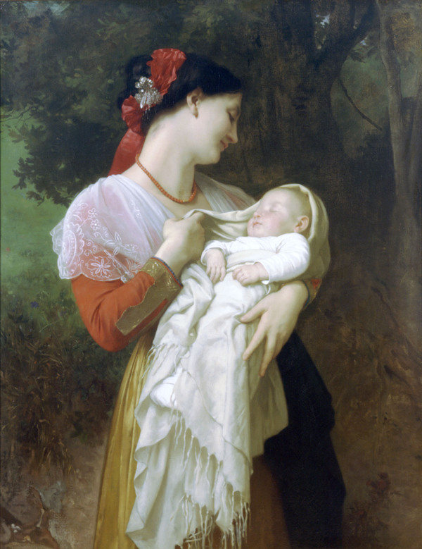 抱着婴儿的女人肖像油画图片