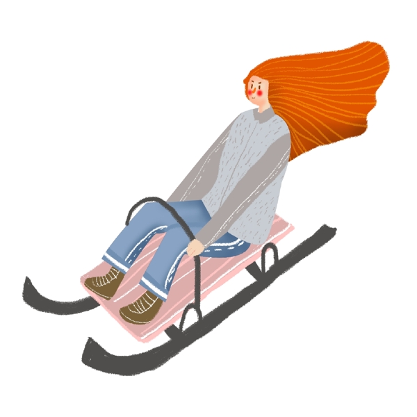 手绘卡通女孩坐在滑雪车上原创元素