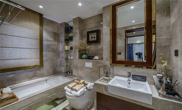 别墅中式轻奢风格浴室浴缸效果图