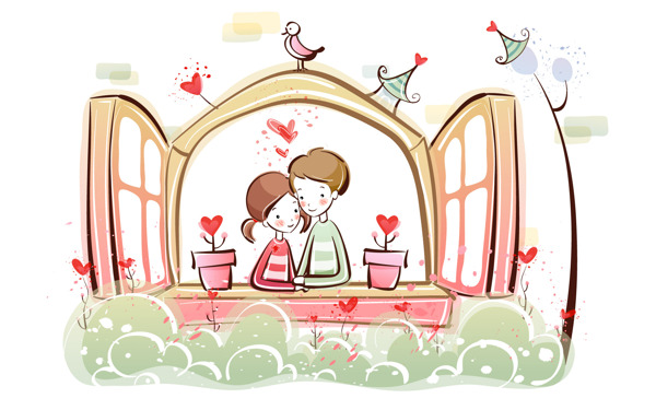 卡通窗户上的情侣背景图