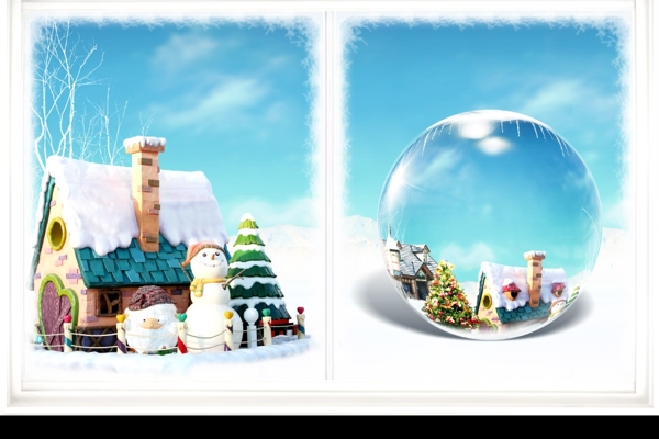 圣诞节素材窗外的雪人和小屋图片