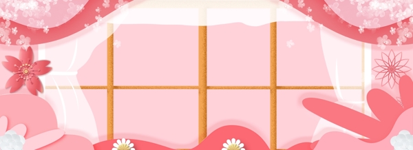 浪漫粉色窗户剪纸花朵妇女节女王节女神节banner