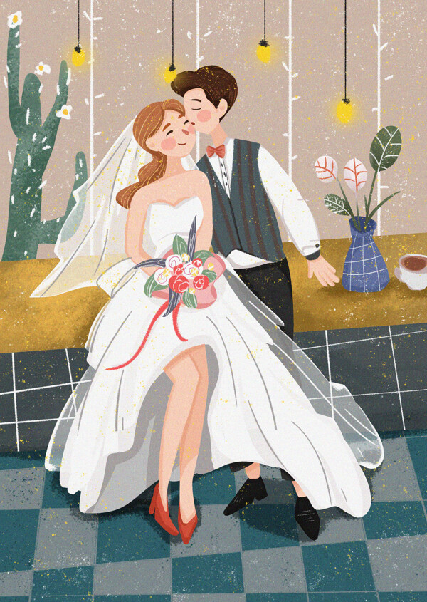 婚礼人物清新插画卡通背景素材图片
