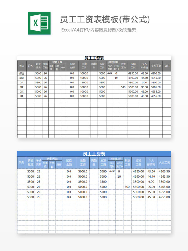 员工工资表模板Excel文档