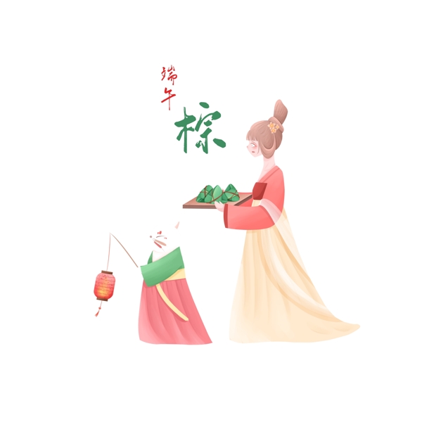 端午节中国风插画端粽子的女孩和提灯笼的猫