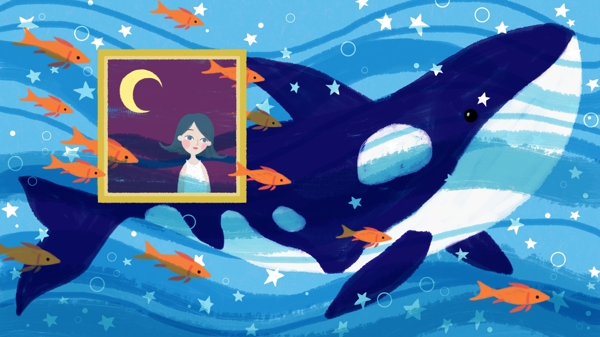 深海遇鲸画中女孩与鲸鱼