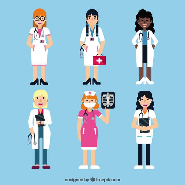 不同的女医生与不同的医疗工具集