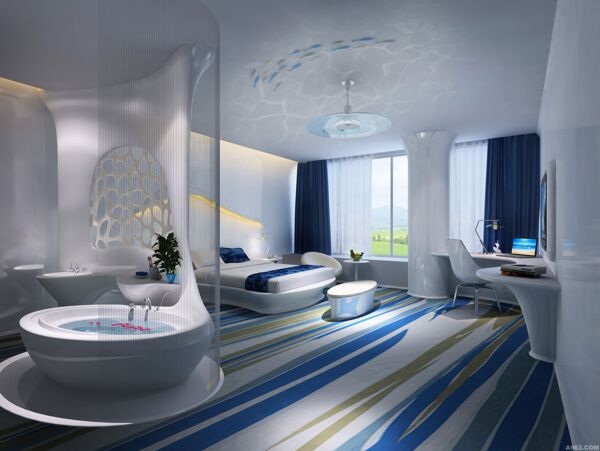现代清透卧室淡蓝色吊灯室内装修效果图