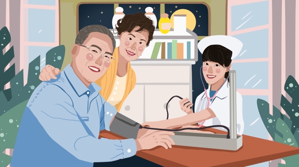 女护士帮老人量血压医疗健康插画