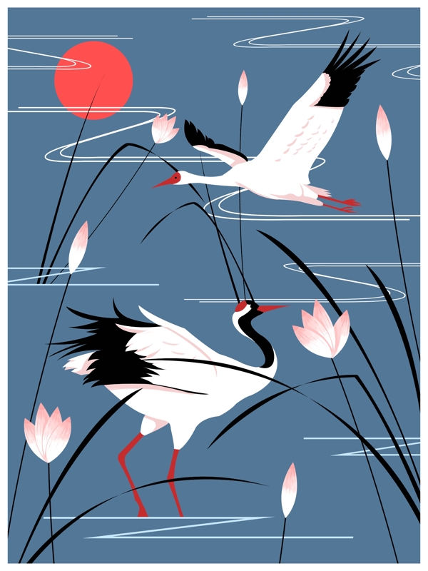 自然印记插画湖中的白鹤