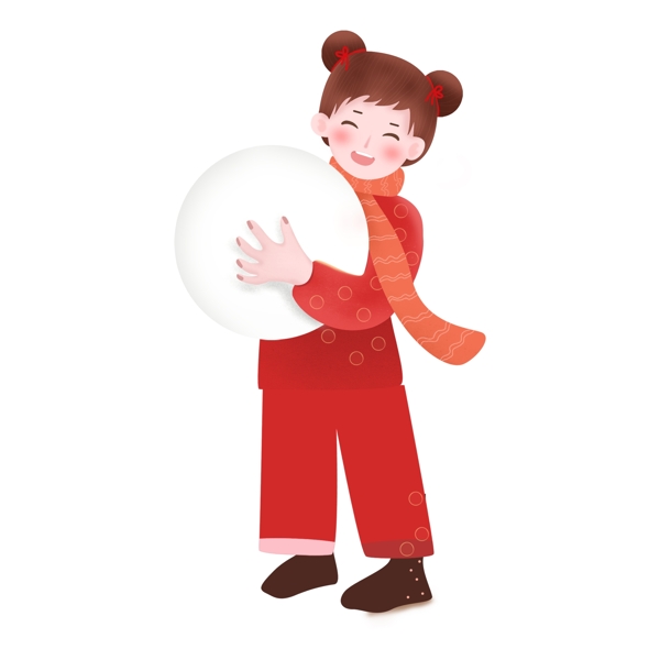 中国风抱雪球的女孩插画元素