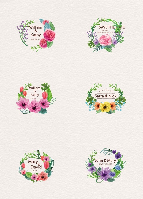 水彩绘花卉婚礼标签矢量素材设计