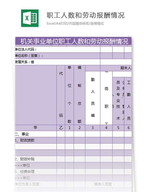 职工人数和劳动报酬情况excel模板