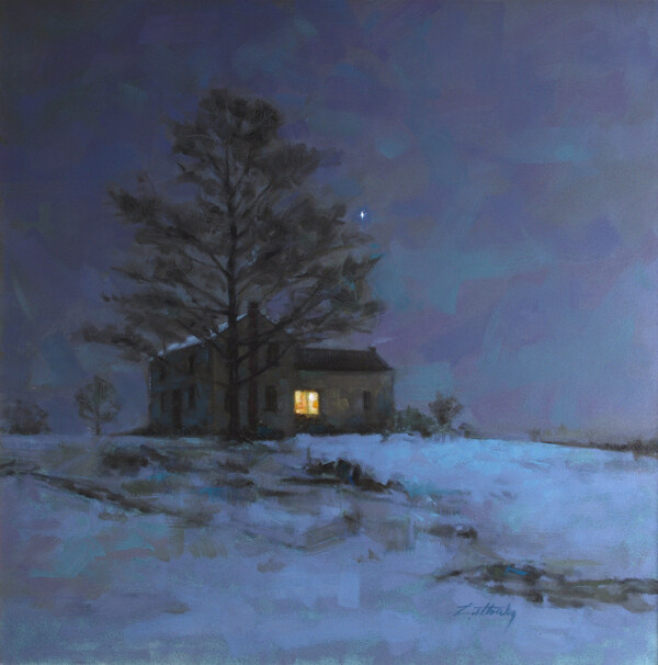 冬天雪地夜晚风景油画图片